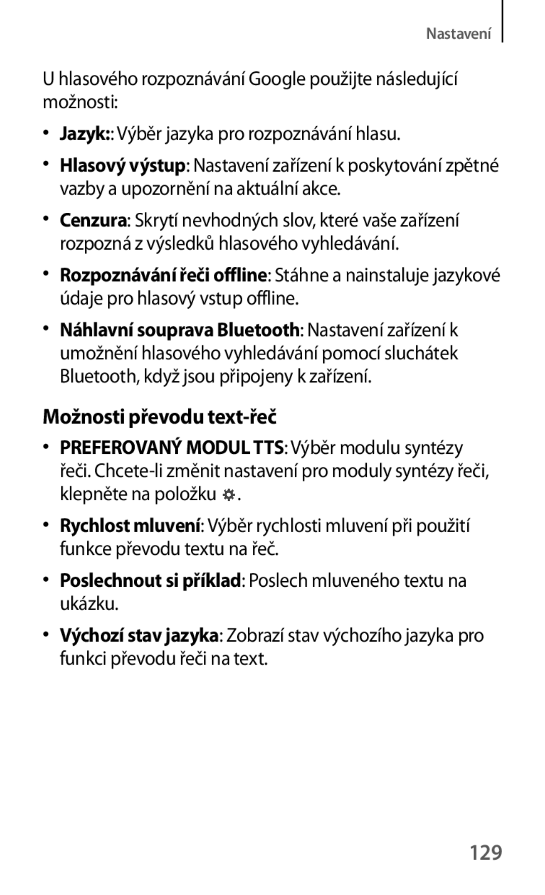 Samsung SM-T530NYKAXSK, SM-T530NZWAATO, SM-T530NZWAXEO, SM-T530NYKAATO, SM-T530NYKAEUR manual Možnosti převodu text-řeč, 129 