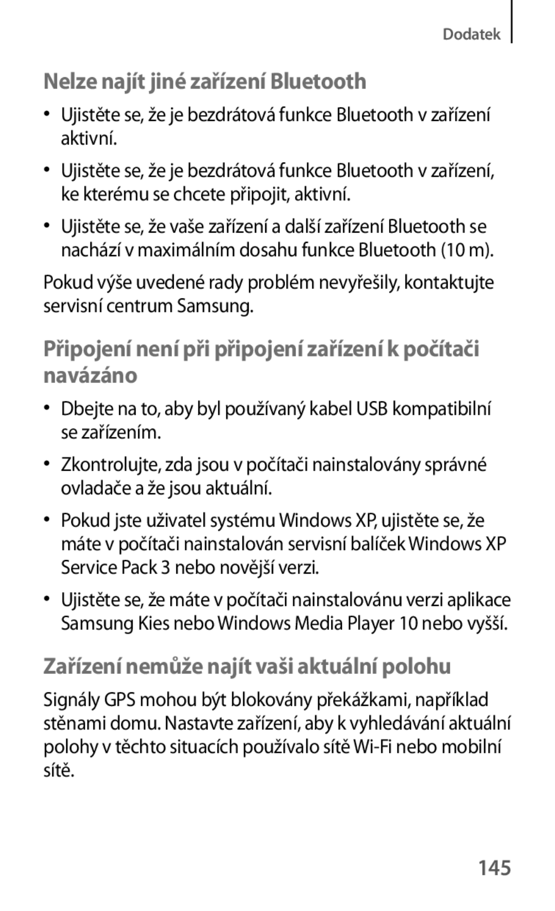 Samsung SM-T530NZWAXEO, SM-T530NZWAATO, SM-T530NYKAATO, SM-T530NYKAEUR manual Nelze najít jiné zařízení Bluetooth, 145 