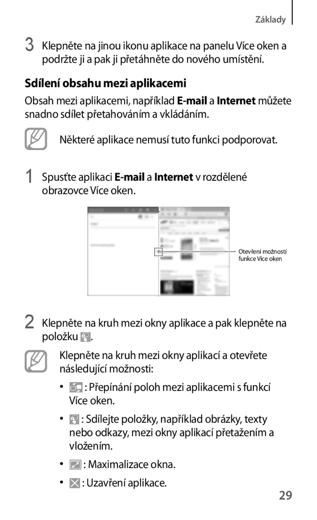 Samsung SM-T530NZWAAUT, SM-T530NZWAATO, SM-T530NZWAXEO, SM-T530NYKAATO, SM-T530NYKAEUR manual Sdílení obsahu mezi aplikacemi 