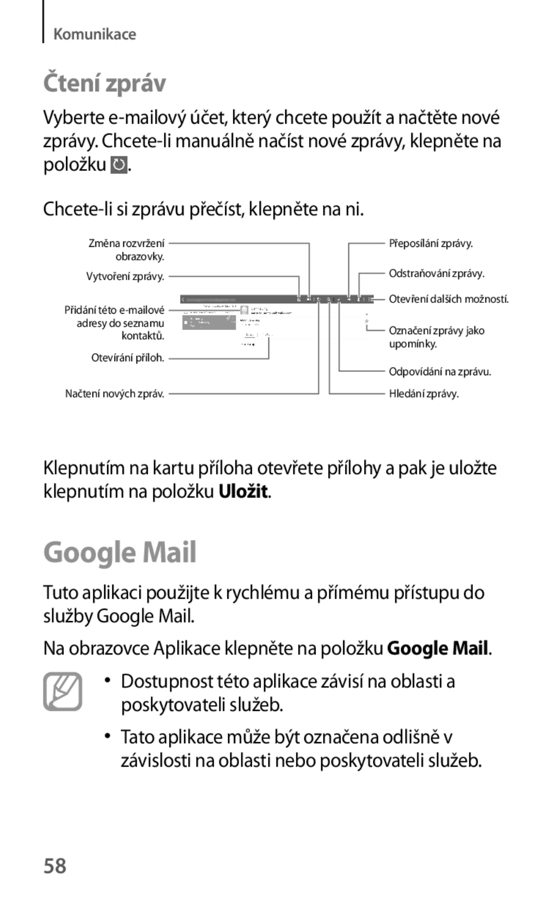 Samsung SM-T530NYKAXEH, SM-T530NZWAATO, SM-T530NZWAXEO, SM-T530NYKAATO, SM-T530NYKAEUR manual Google Mail, Čtení zpráv 