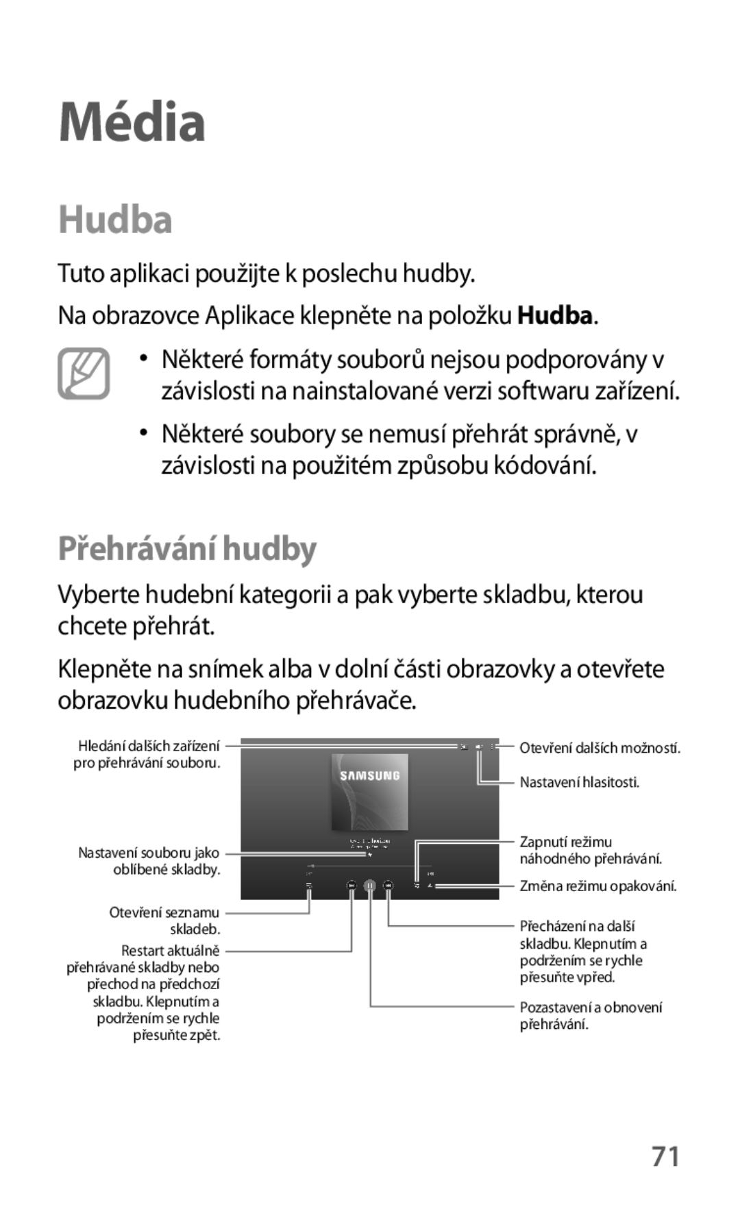 Samsung SM-T530NZWAXSK, SM-T530NZWAATO, SM-T530NZWAXEO, SM-T530NYKAATO, SM-T530NYKAEUR manual Média, Hudba, Přehrávání hudby 