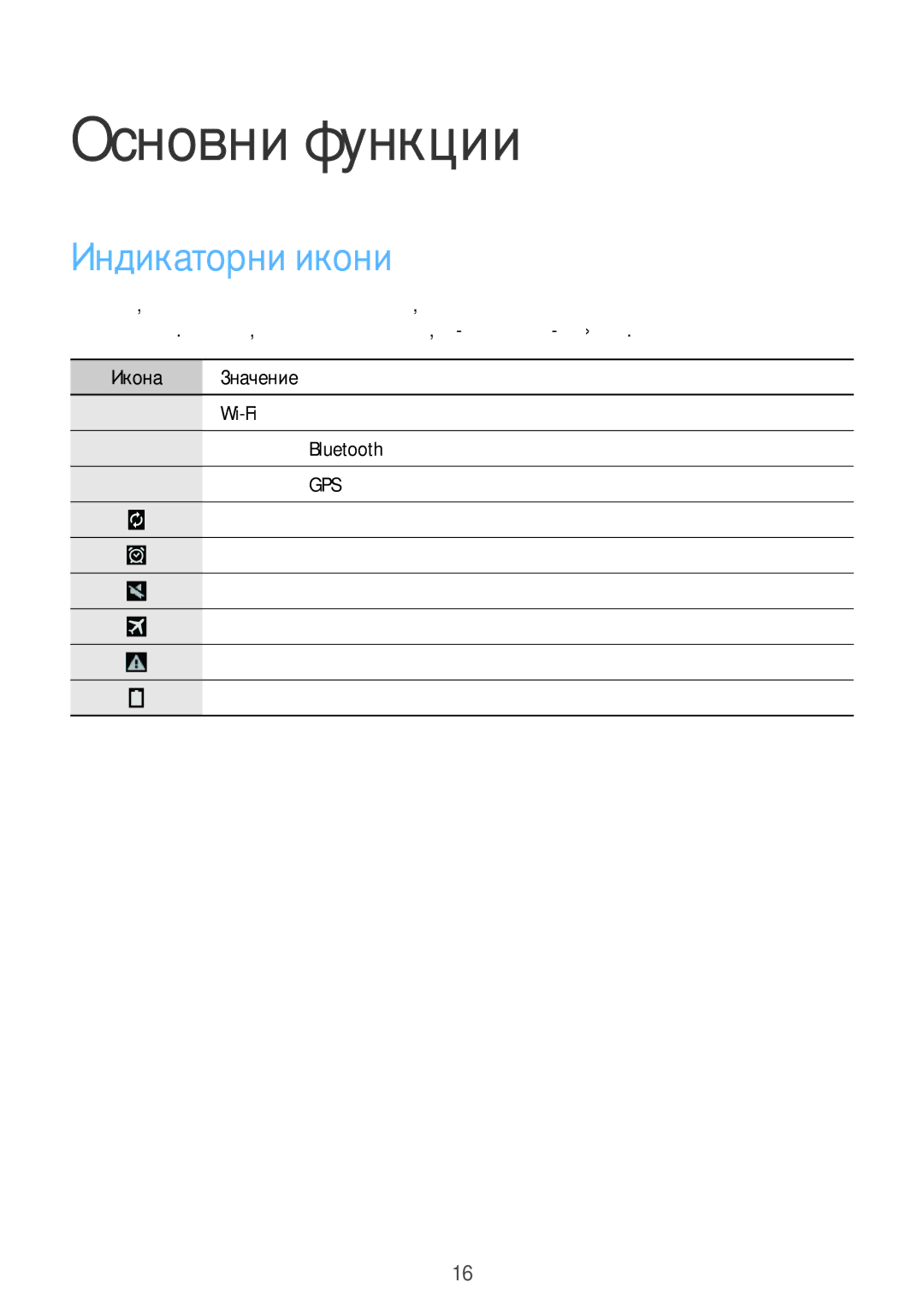 Samsung SM-T530NZWABGL, SM-T530NYKABGL manual Основни функции, Индикаторни икони, Икона Значение 