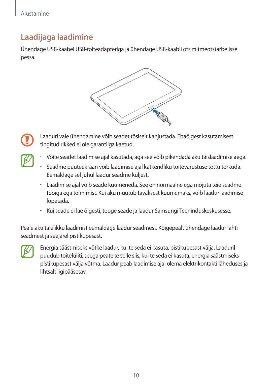 Samsung SM-T530NZWASEB, SM-T530NYKASEB manual Laadijaga laadimine 