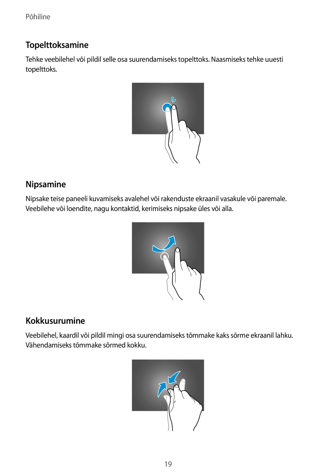 Samsung SM-T530NYKASEB, SM-T530NZWASEB manual Topelttoksamine, Nipsamine, Kokkusurumine 