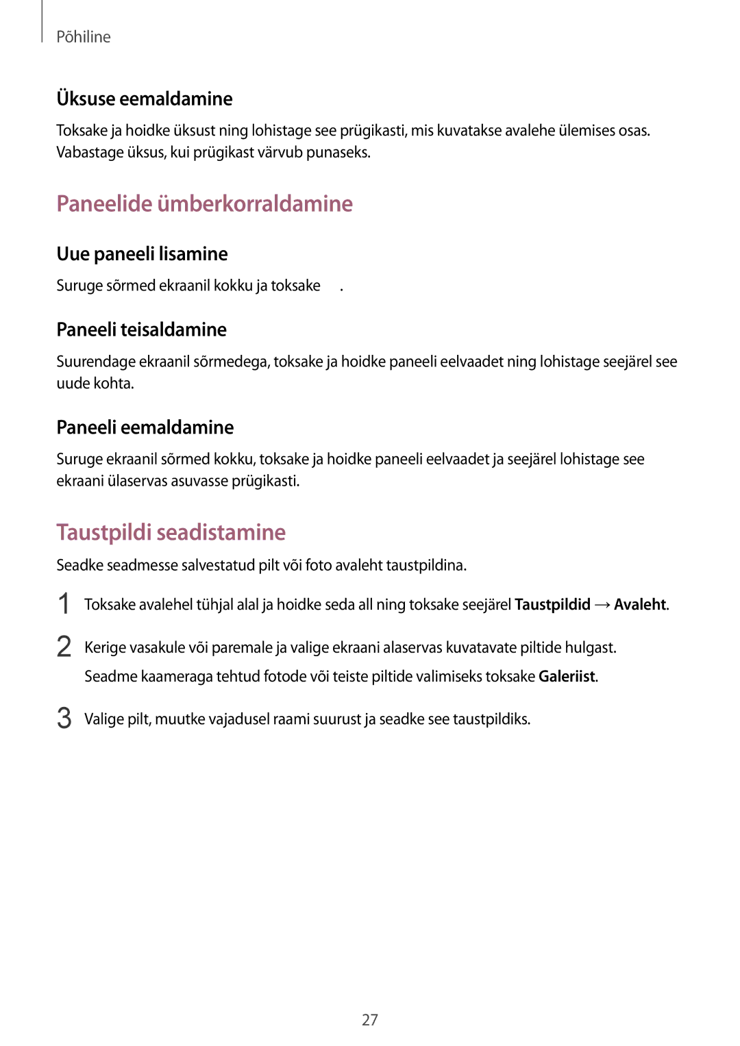 Samsung SM-T530NYKASEB, SM-T530NZWASEB manual Paneelide ümberkorraldamine, Taustpildi seadistamine 