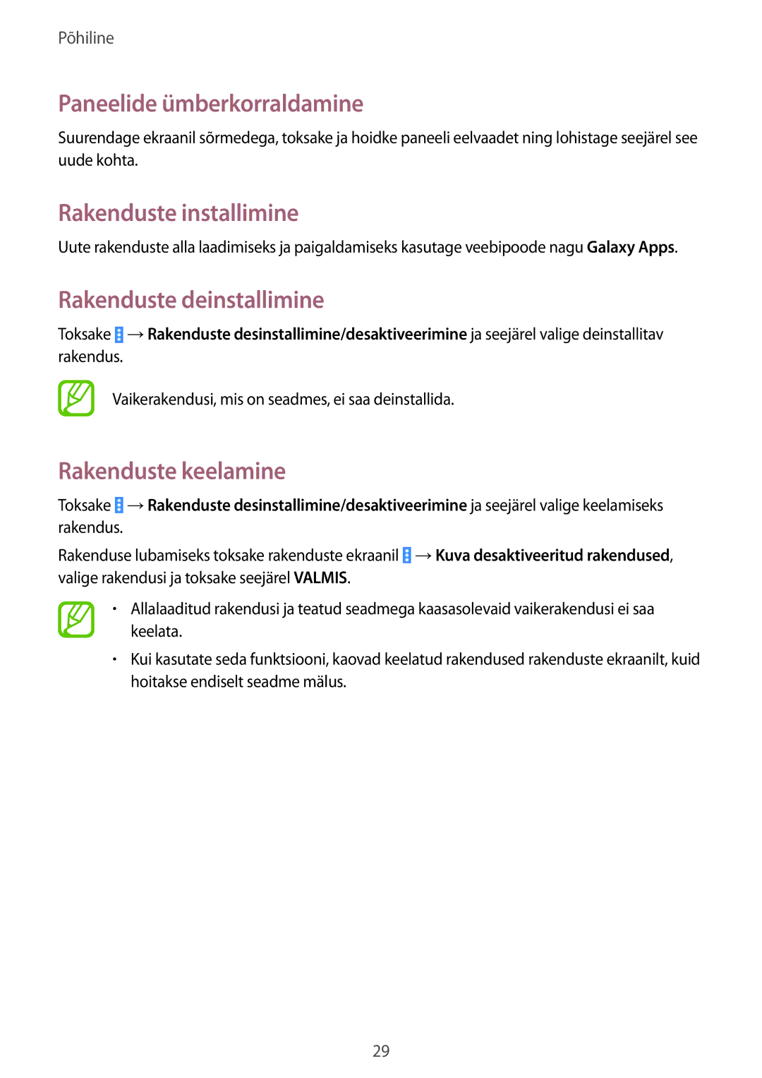 Samsung SM-T530NYKASEB, SM-T530NZWASEB manual Rakenduste installimine, Rakenduste deinstallimine, Rakenduste keelamine 