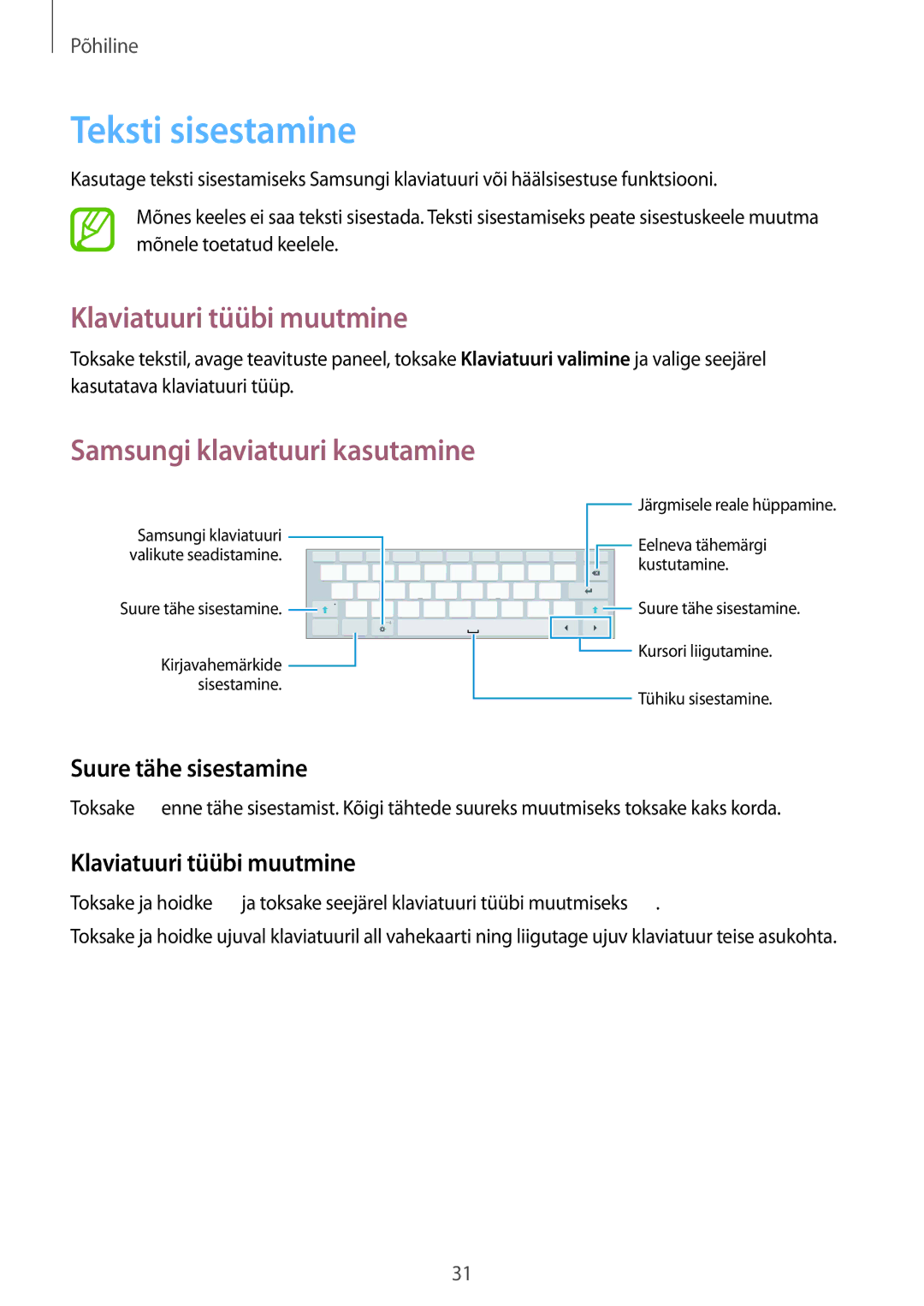 Samsung SM-T530NYKASEB, SM-T530NZWASEB manual Teksti sisestamine, Klaviatuuri tüübi muutmine, Suure tähe sisestamine 