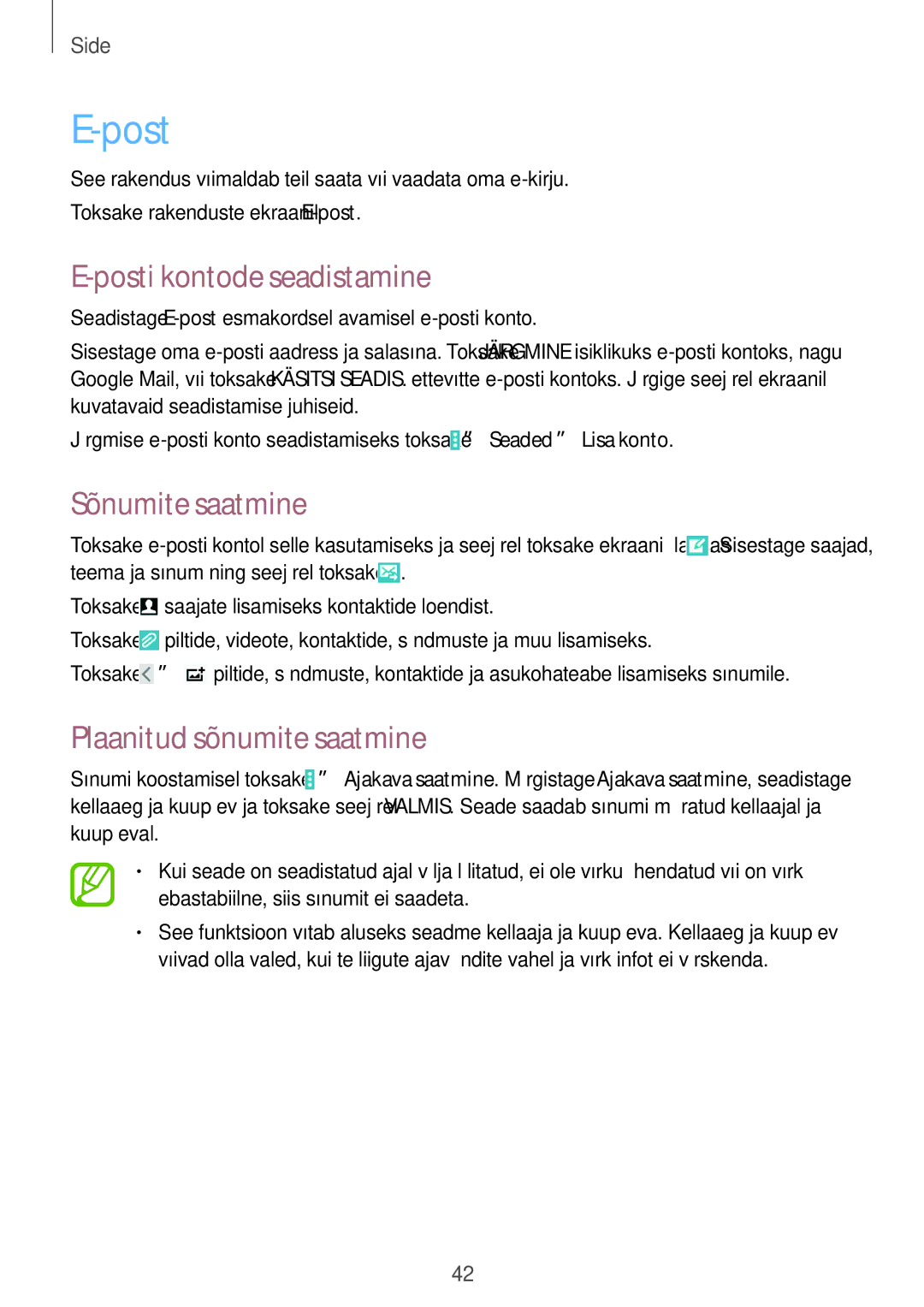 Samsung SM-T530NZWASEB, SM-T530NYKASEB manual Posti kontode seadistamine, Sõnumite saatmine, Plaanitud sõnumite saatmine 