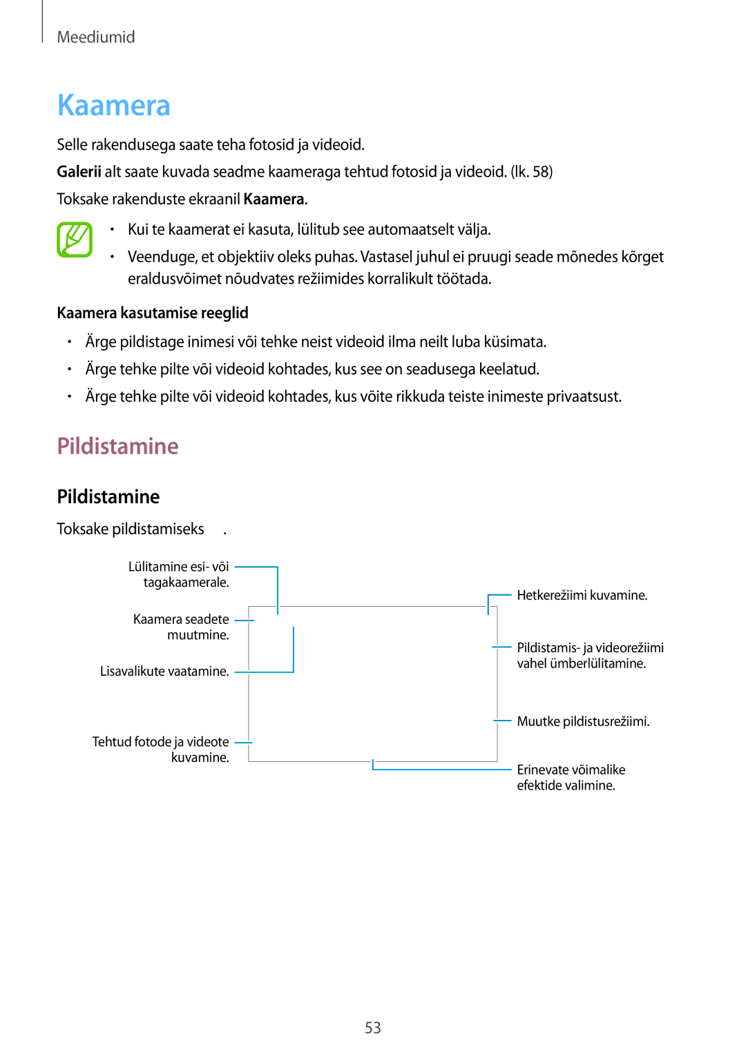 Samsung SM-T530NYKASEB, SM-T530NZWASEB manual Kaamera, Pildistamine, Toksake pildistamiseks 