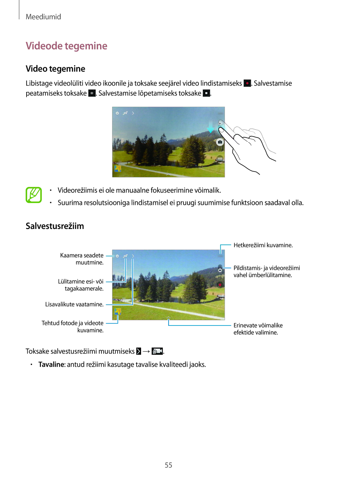 Samsung SM-T530NYKASEB manual Videode tegemine, Video tegemine, Salvestusrežiim, Toksake salvestusrežiimi muutmiseks → 