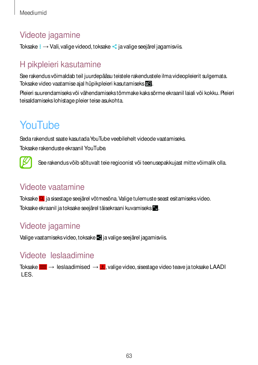 Samsung SM-T530NYKASEB manual YouTube, Videote jagamine, Hüpikpleieri kasutamine, Videote vaatamine, Videote üleslaadimine 