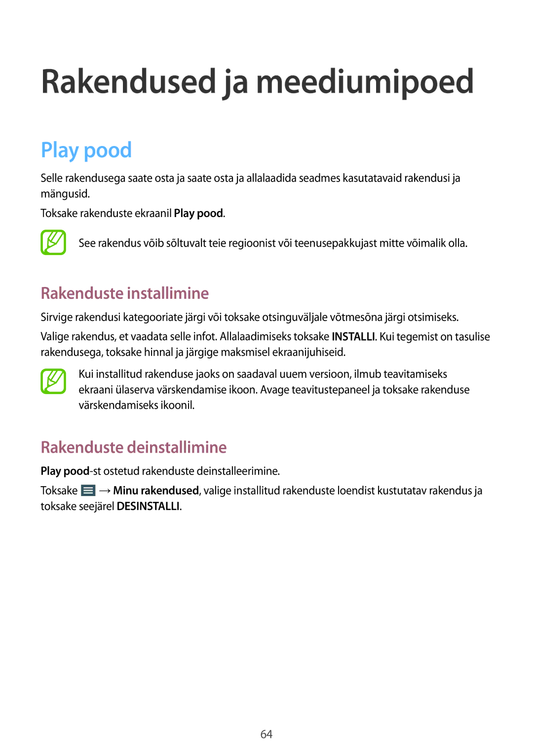 Samsung SM-T530NZWASEB, SM-T530NYKASEB manual Rakendused ja meediumipoed, Play pood 