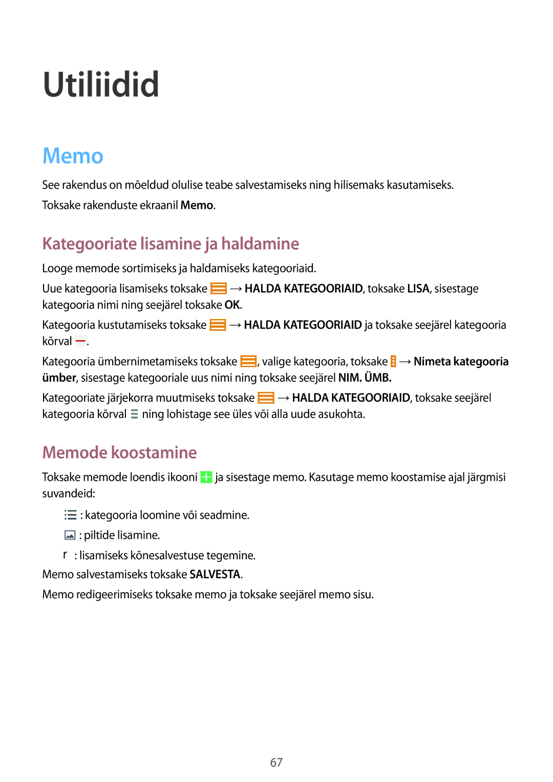 Samsung SM-T530NYKASEB, SM-T530NZWASEB manual Utiliidid, Kategooriate lisamine ja haldamine, Memode koostamine 