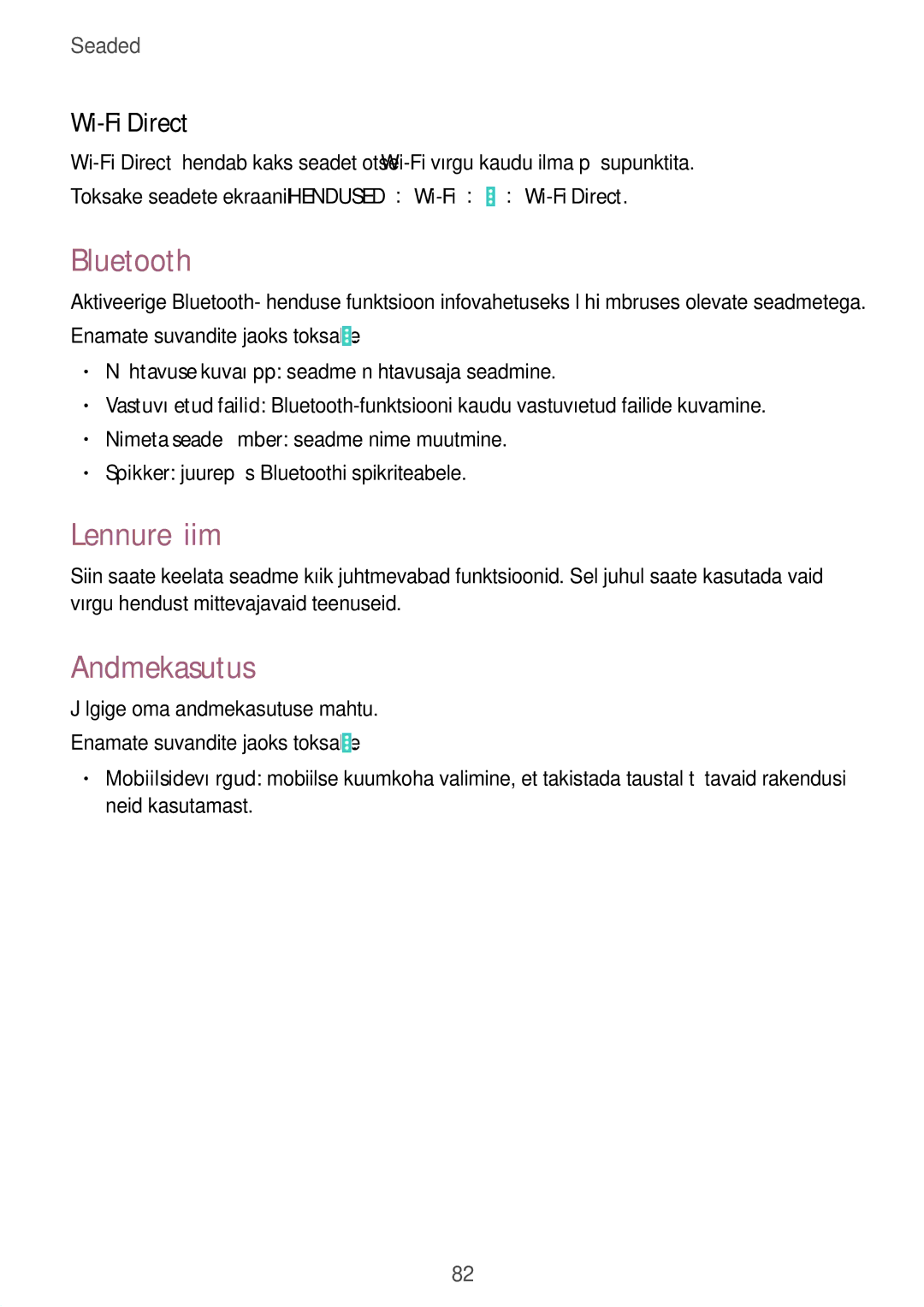 Samsung SM-T530NZWASEB, SM-T530NYKASEB manual Bluetooth, Lennurežiim, Andmekasutus, Wi-Fi Direct 