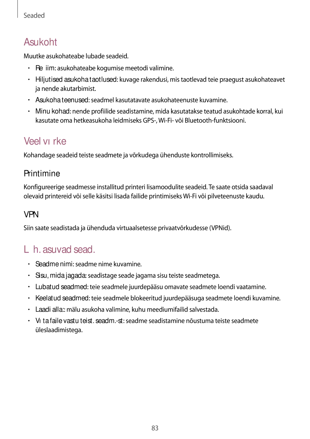 Samsung SM-T530NYKASEB, SM-T530NZWASEB manual Asukoht, Veel võrke, Läh. asuvad sead, Printimine 