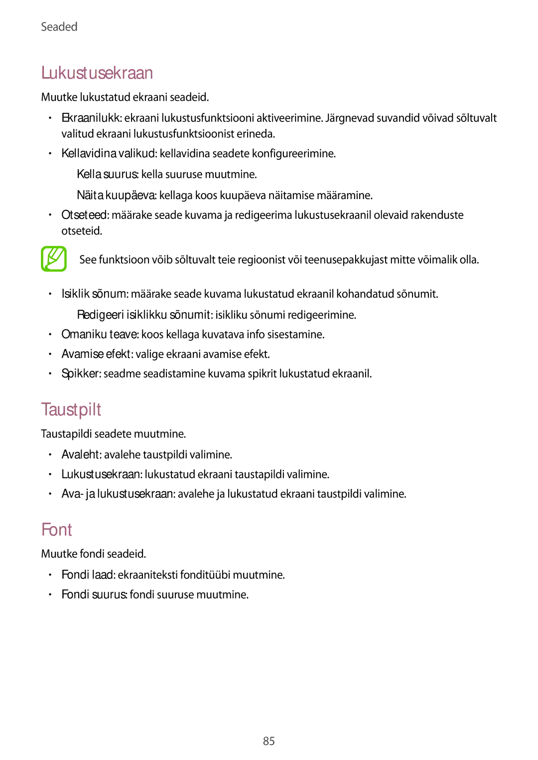 Samsung SM-T530NYKASEB, SM-T530NZWASEB manual Lukustusekraan, Taustpilt, Font 