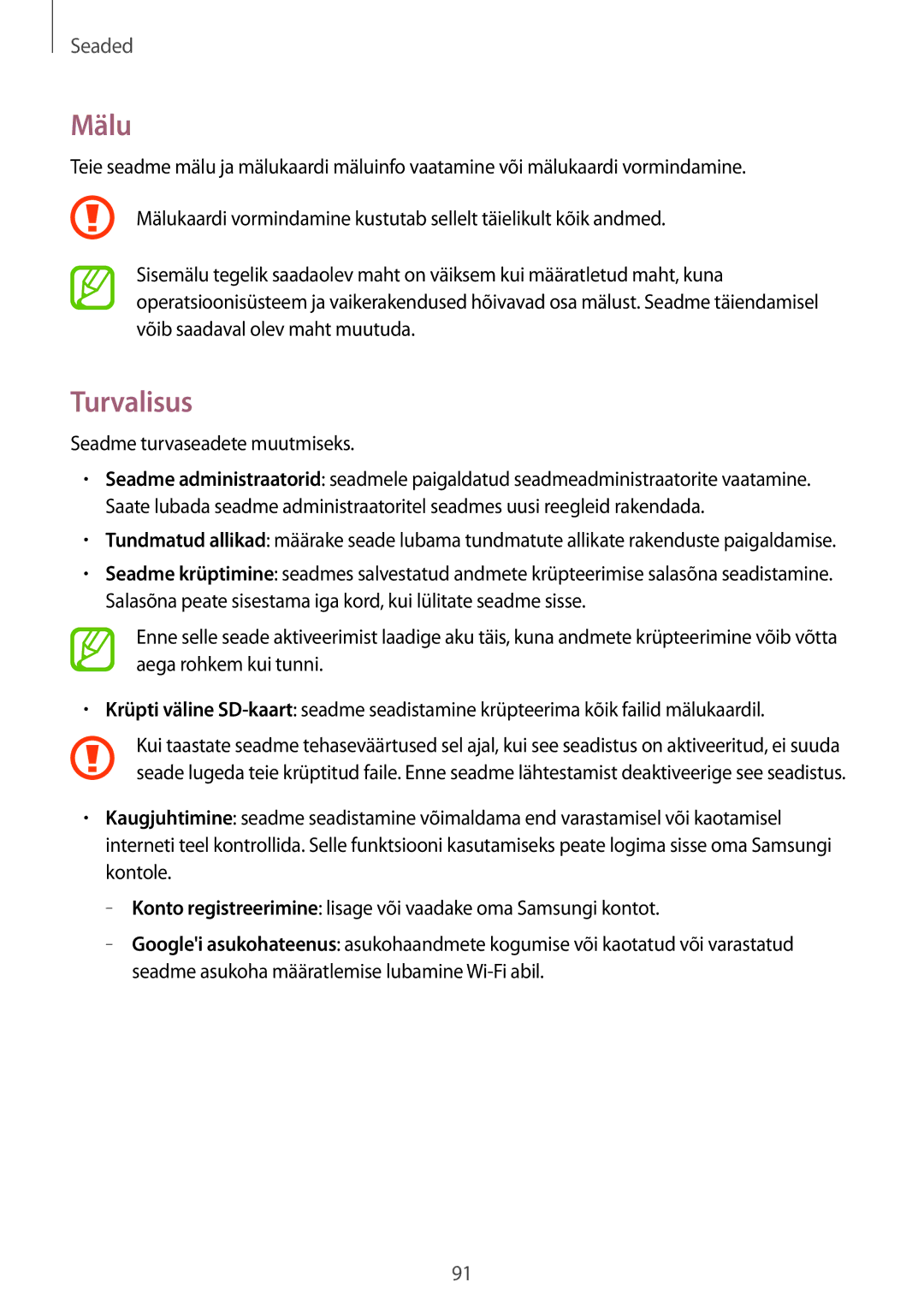 Samsung SM-T530NYKASEB, SM-T530NZWASEB manual Mälu, Turvalisus, Seadme turvaseadete muutmiseks 