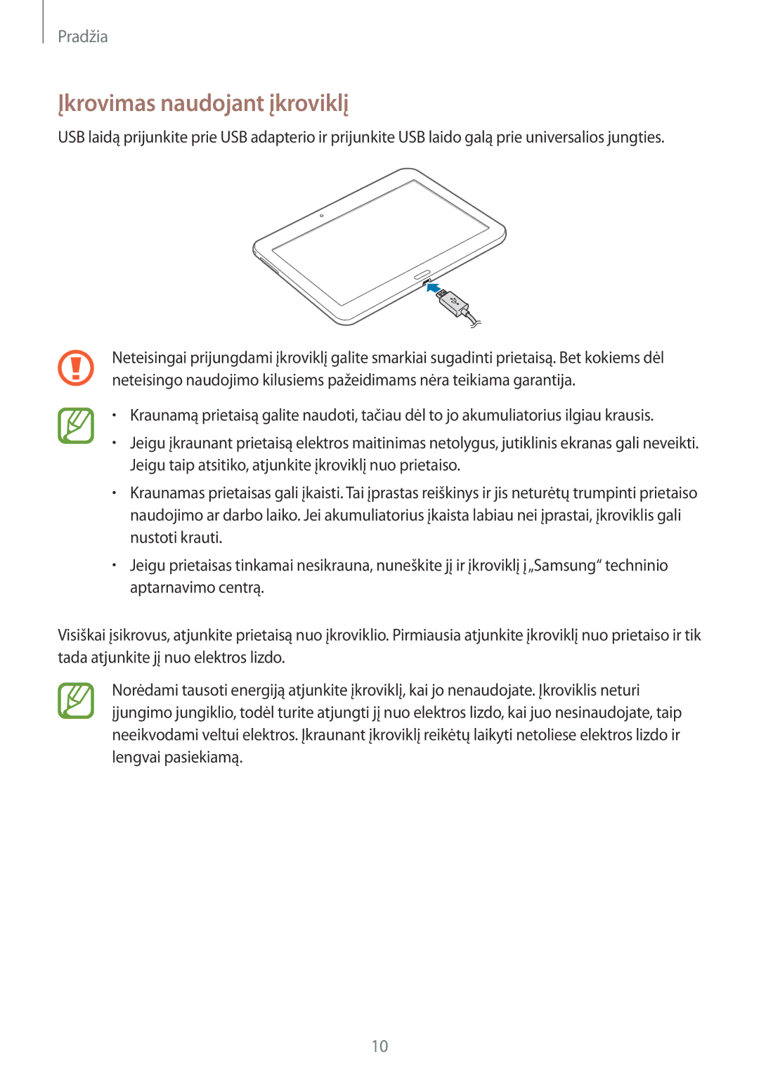 Samsung SM-T530NZWASEB, SM-T530NYKASEB manual Įkrovimas naudojant įkroviklį 