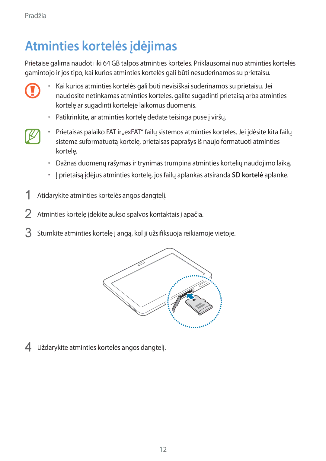 Samsung SM-T530NZWASEB, SM-T530NYKASEB manual Atminties kortelės įdėjimas 