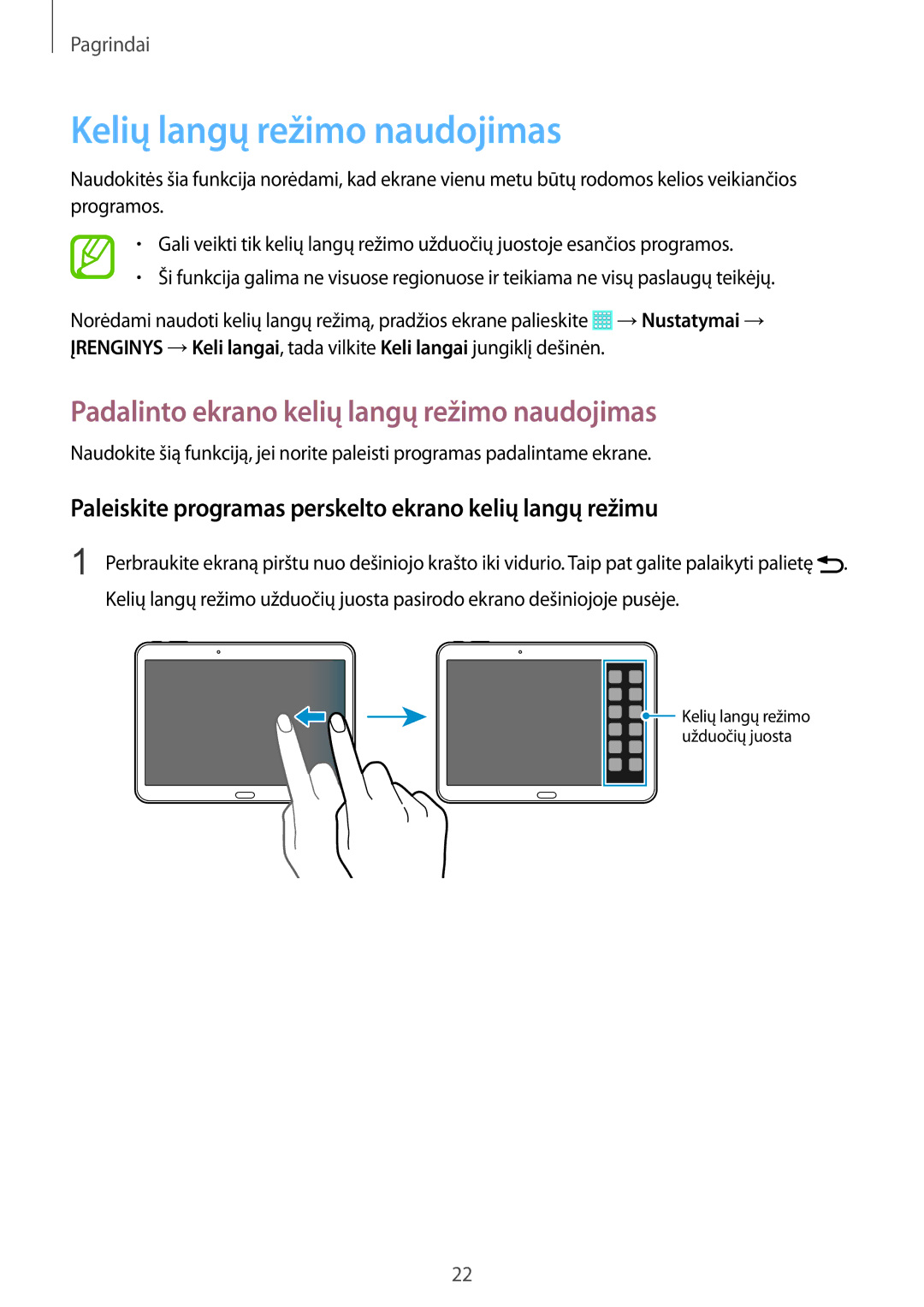 Samsung SM-T530NZWASEB, SM-T530NYKASEB manual Kelių langų režimo naudojimas, Padalinto ekrano kelių langų režimo naudojimas 