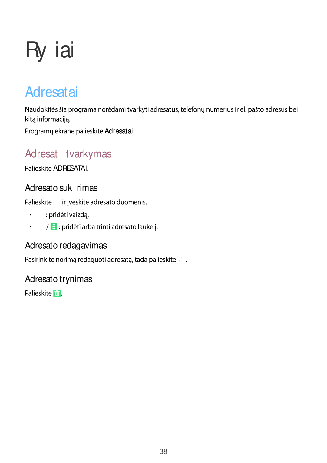 Samsung SM-T530NZWASEB, SM-T530NYKASEB manual Ryšiai, Adresatai, Adresatų tvarkymas 