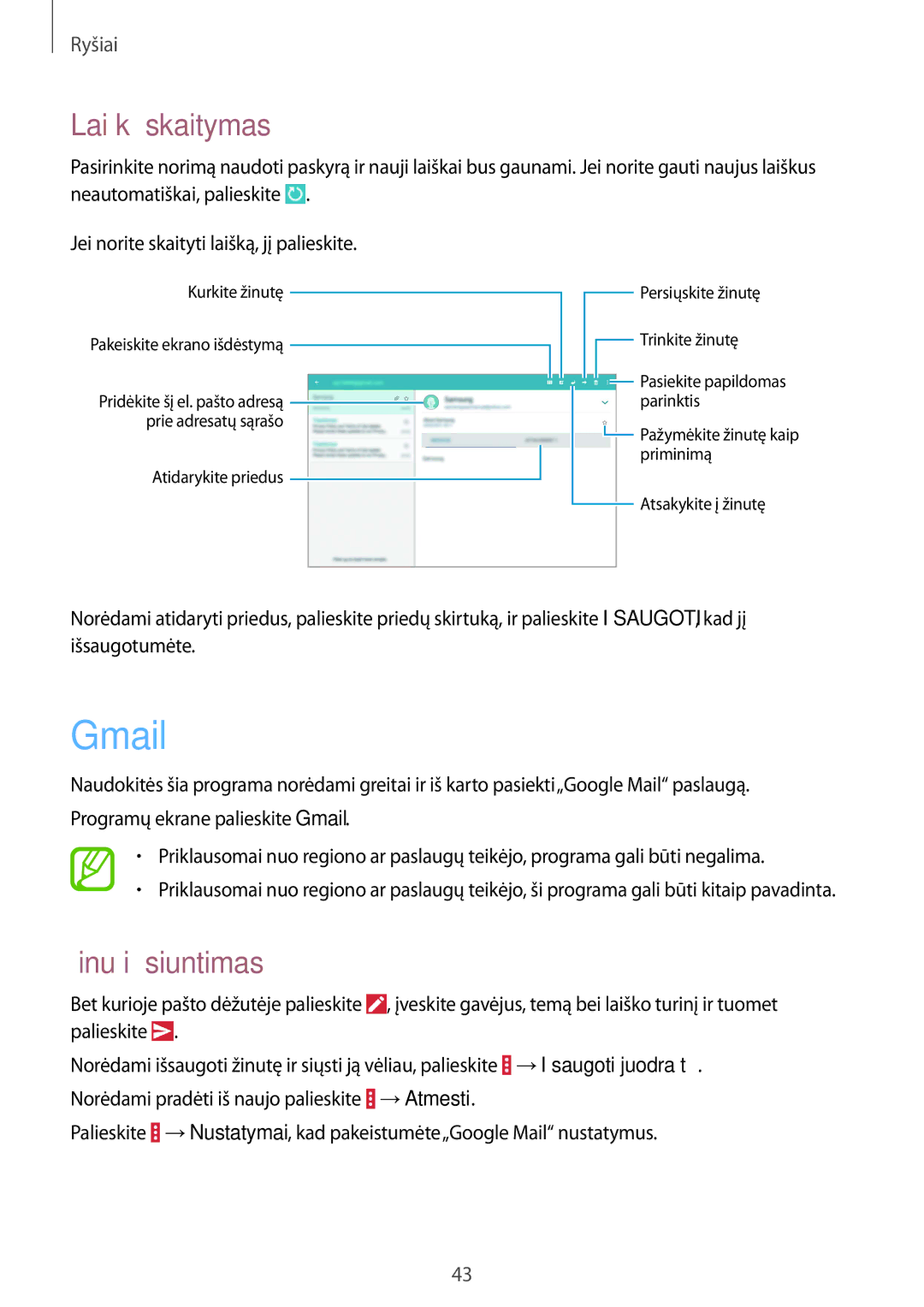 Samsung SM-T530NYKASEB, SM-T530NZWASEB manual Gmail, Laiškų skaitymas 