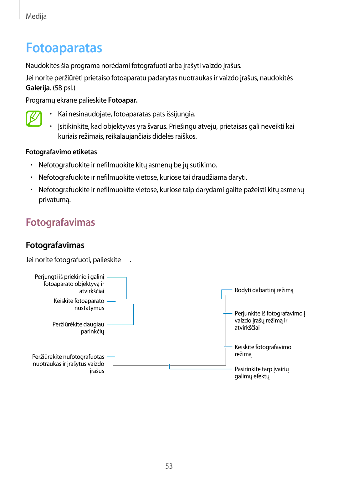 Samsung SM-T530NYKASEB manual Fotoaparatas, Fotografavimas, Fotografavimo etiketas, Jei norite fotografuoti, palieskite 