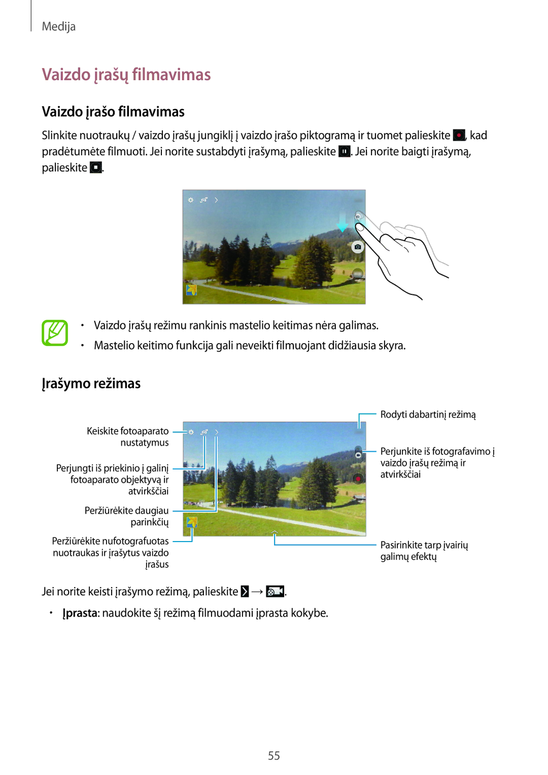 Samsung SM-T530NYKASEB, SM-T530NZWASEB manual Vaizdo įrašų filmavimas, Vaizdo įrašo filmavimas, Įrašymo režimas 