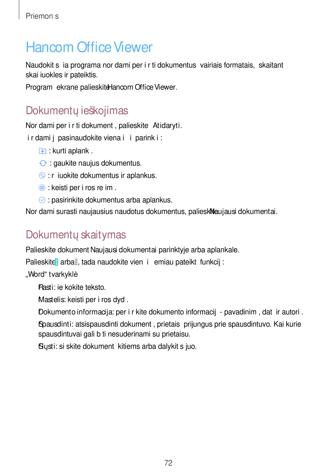 Samsung SM-T530NZWASEB, SM-T530NYKASEB Hancom Office Viewer, Dokumentų ieškojimas, Dokumentų skaitymas, „Word tvarkyklė 