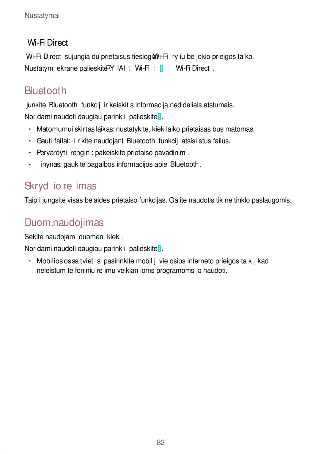 Samsung SM-T530NZWASEB, SM-T530NYKASEB manual Bluetooth, Skrydžio režimas, Duom.naudojimas, „Wi-Fi Direct 