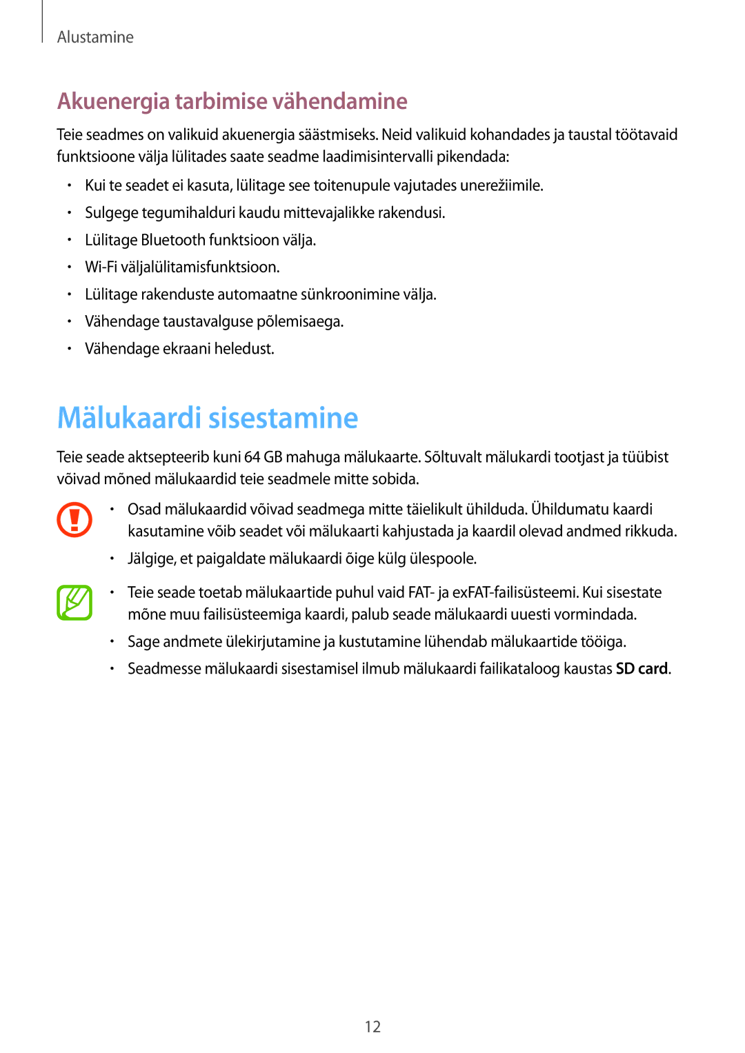 Samsung SM-T530NZWASEB, SM-T530NYKASEB manual Mälukaardi sisestamine, Akuenergia tarbimise vähendamine 