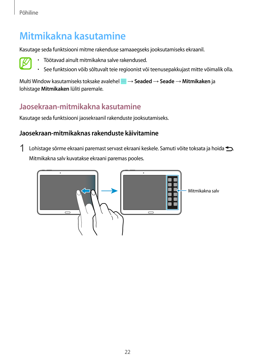 Samsung SM-T530NZWASEB, SM-T530NYKASEB manual Mitmikakna kasutamine, Jaosekraan-mitmikakna kasutamine 