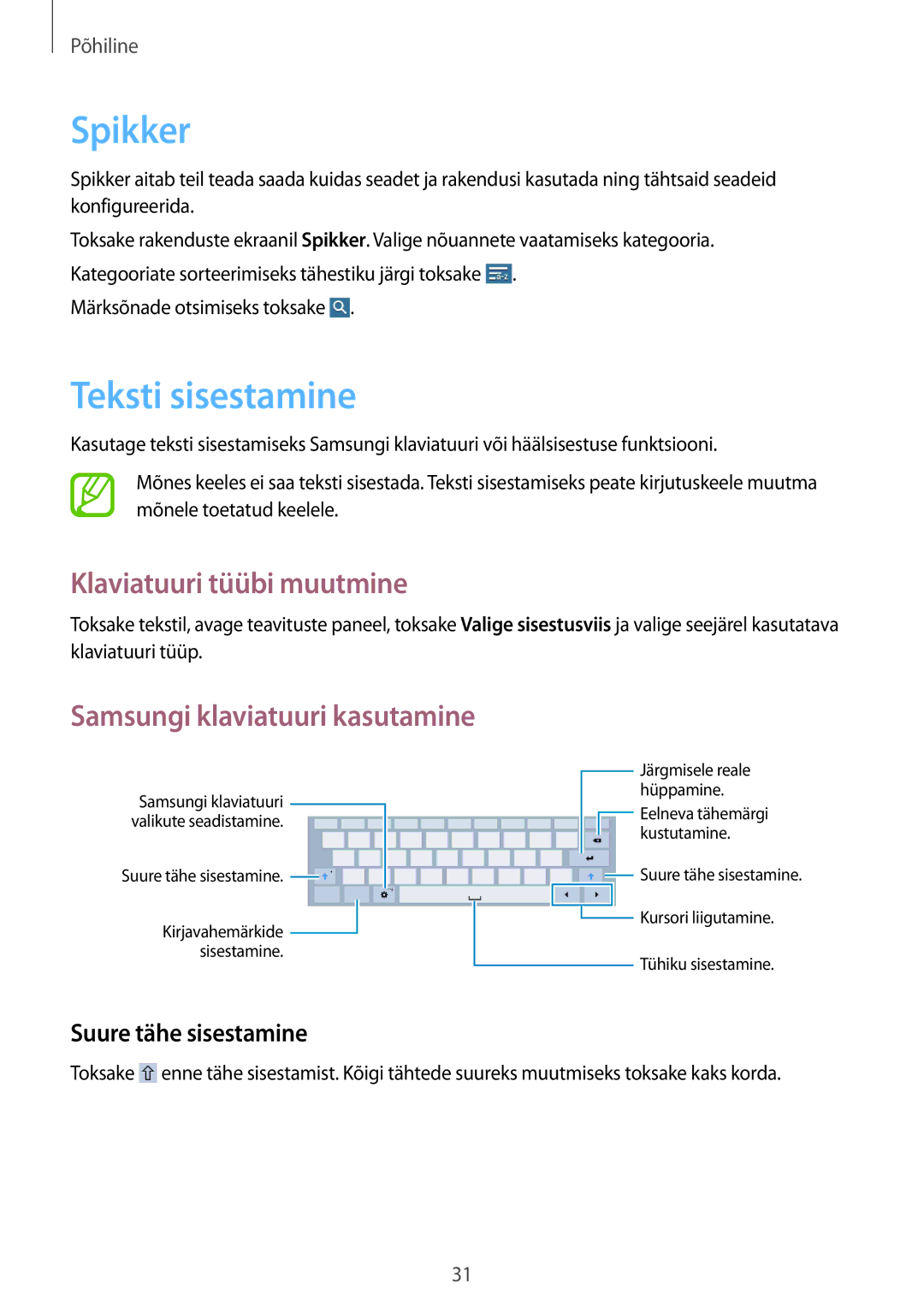 Samsung SM-T530NYKASEB manual Spikker, Teksti sisestamine, Klaviatuuri tüübi muutmine, Samsungi klaviatuuri kasutamine 