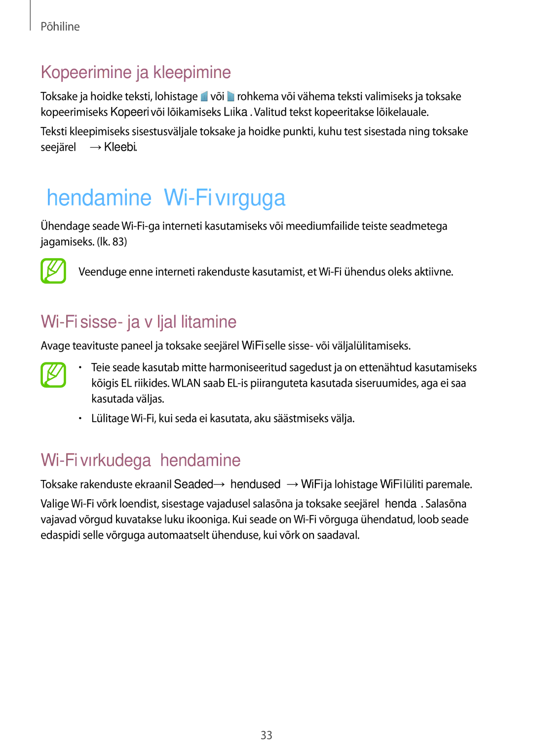 Samsung SM-T530NYKASEB manual Ühendamine Wi-Fi võrguga, Kopeerimine ja kleepimine, Wi-Fi sisse- ja väljalülitamine 