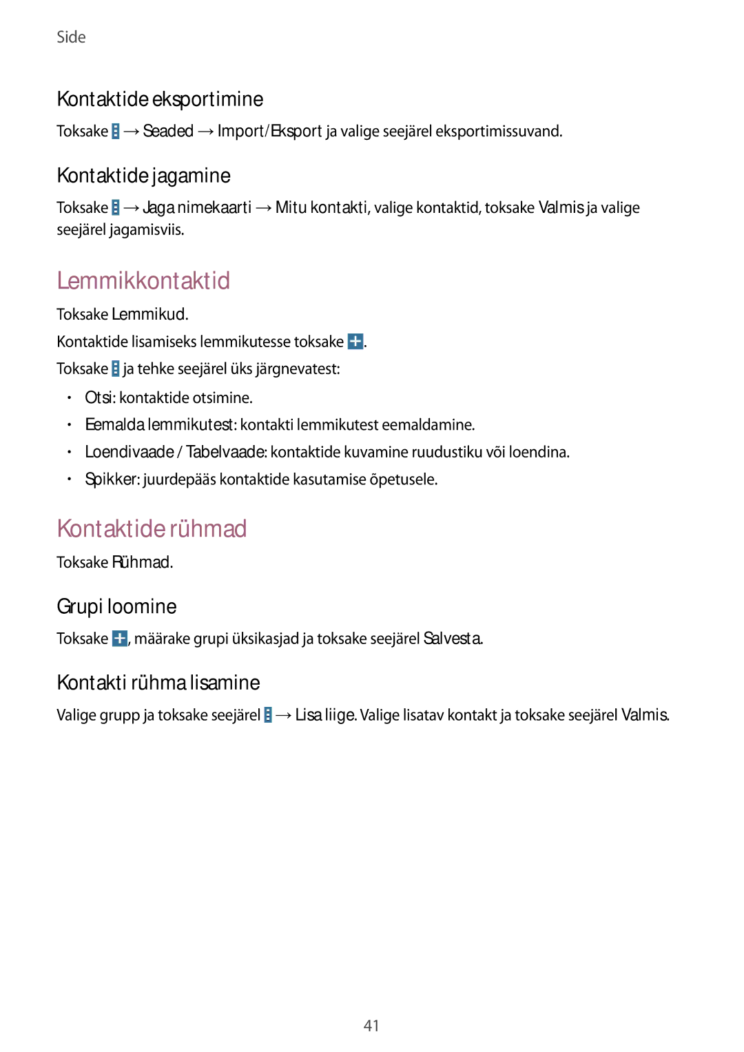 Samsung SM-T530NYKASEB, SM-T530NZWASEB manual Lemmikkontaktid, Kontaktide rühmad 