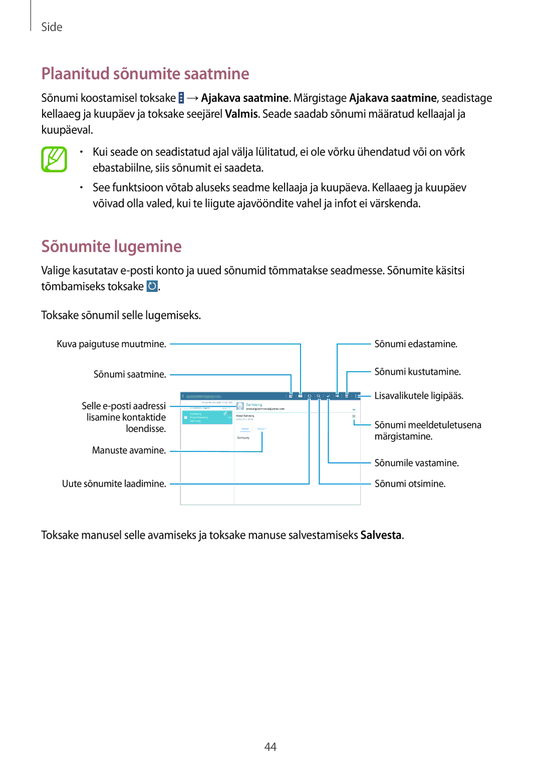 Samsung SM-T530NZWASEB, SM-T530NYKASEB manual Plaanitud sõnumite saatmine, Sõnumite lugemine 