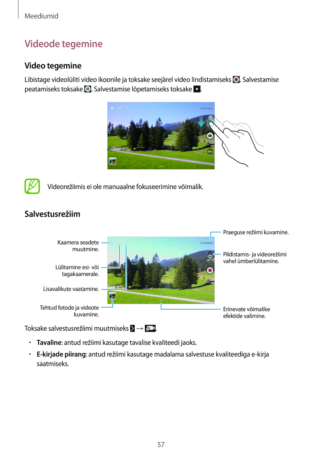 Samsung SM-T530NYKASEB, SM-T530NZWASEB manual Videode tegemine, Video tegemine, Salvestusrežiim 