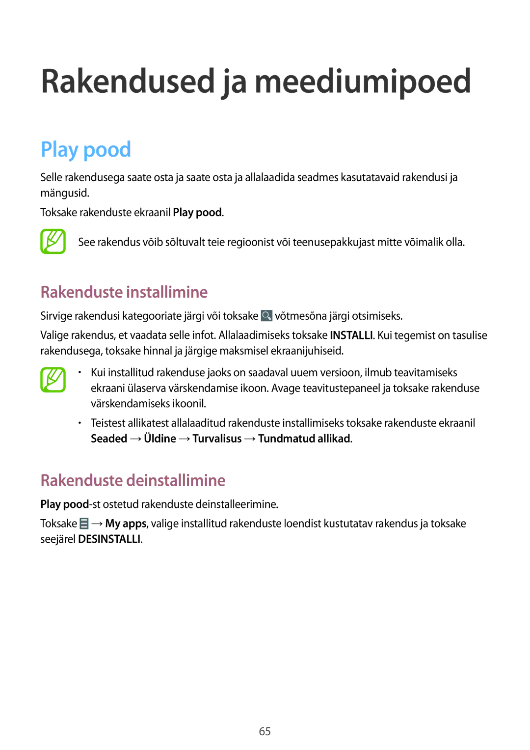 Samsung SM-T530NYKASEB, SM-T530NZWASEB manual Rakendused ja meediumipoed, Play pood 