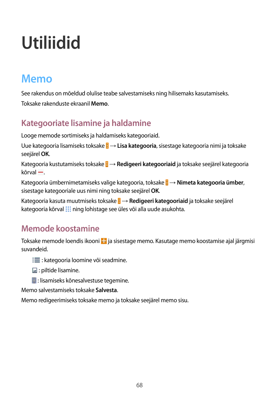 Samsung SM-T530NZWASEB, SM-T530NYKASEB manual Utiliidid, Kategooriate lisamine ja haldamine, Memode koostamine 