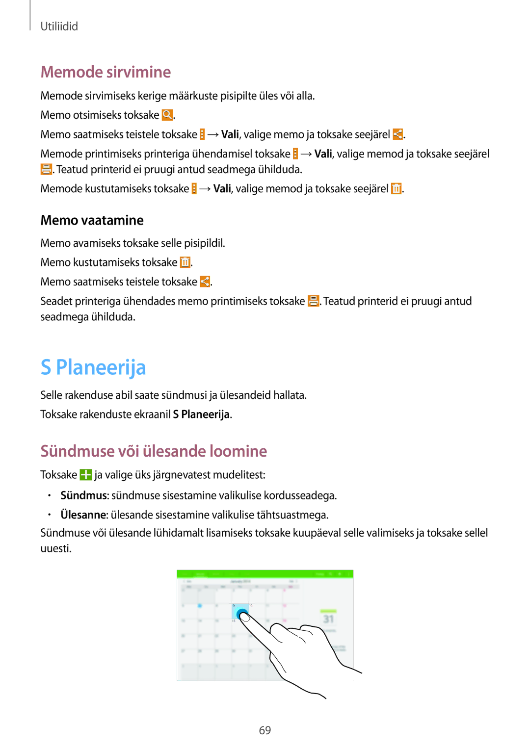 Samsung SM-T530NYKASEB, SM-T530NZWASEB manual Planeerija, Memode sirvimine, Sündmuse või ülesande loomine, Memo vaatamine 