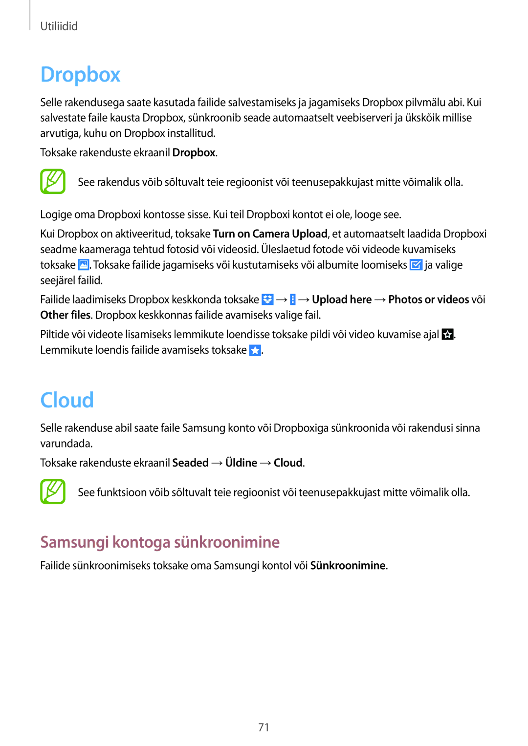 Samsung SM-T530NYKASEB, SM-T530NZWASEB manual Dropbox, Cloud, Samsungi kontoga sünkroonimine 