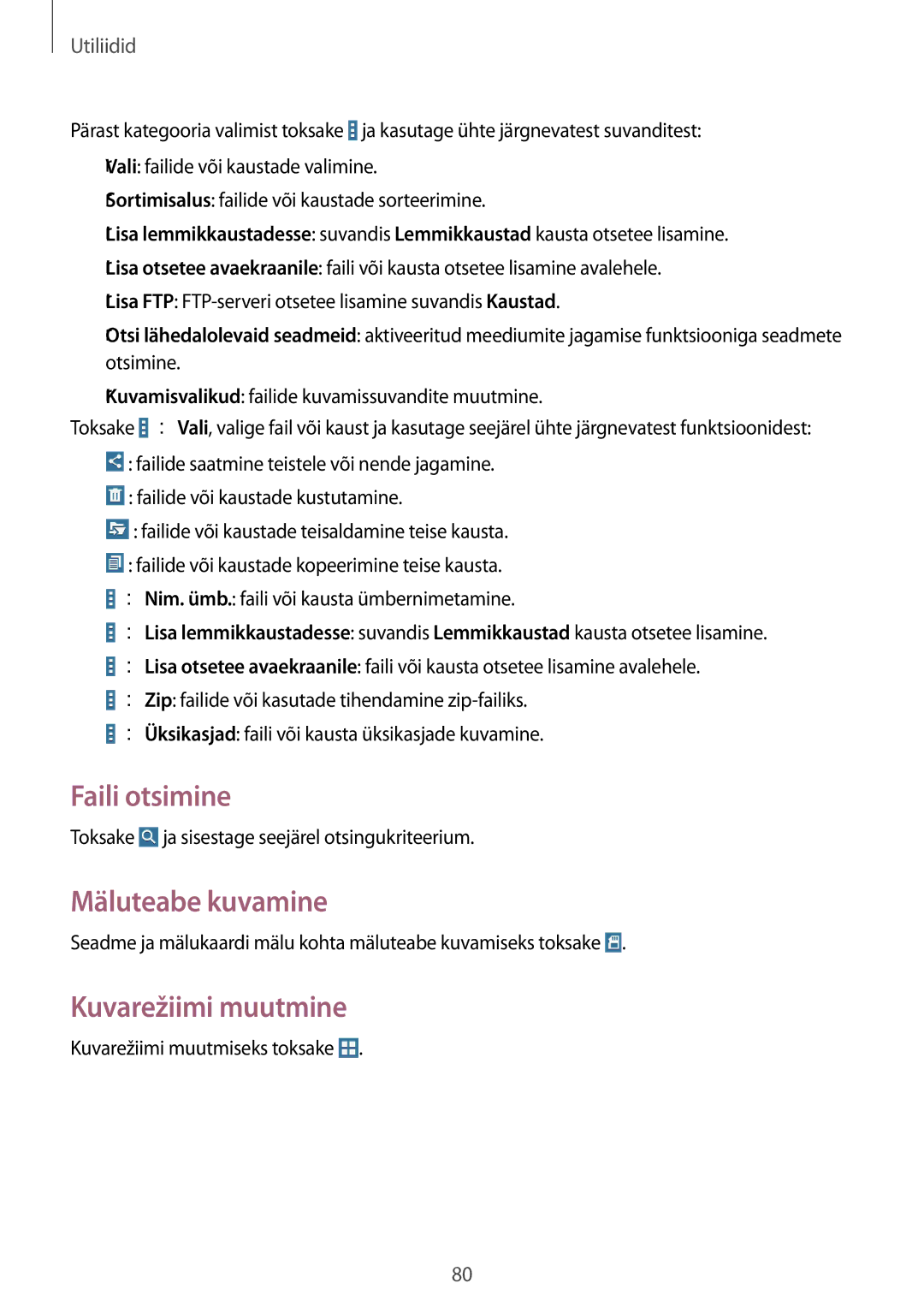 Samsung SM-T530NZWASEB, SM-T530NYKASEB manual Faili otsimine, Mäluteabe kuvamine, Kuvarežiimi muutmine 