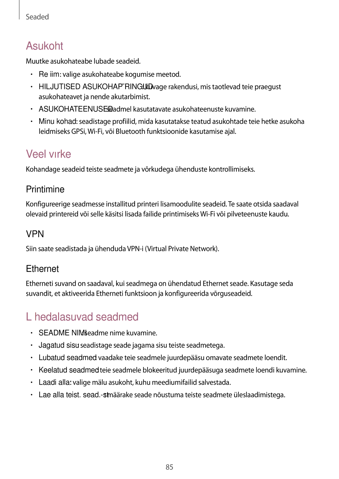 Samsung SM-T530NYKASEB, SM-T530NZWASEB manual Asukoht, Veel võrke, Lähedalasuvad seadmed, Printimine, Ethernet 