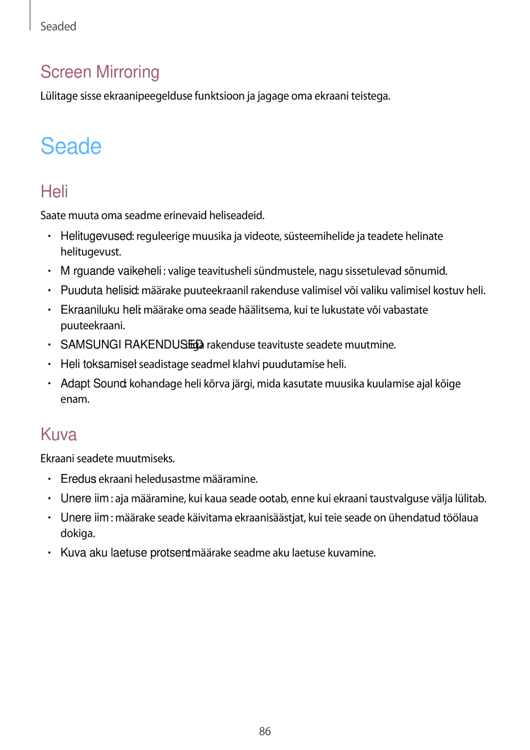 Samsung SM-T530NZWASEB, SM-T530NYKASEB manual Seade, Screen Mirroring, Heli, Kuva 