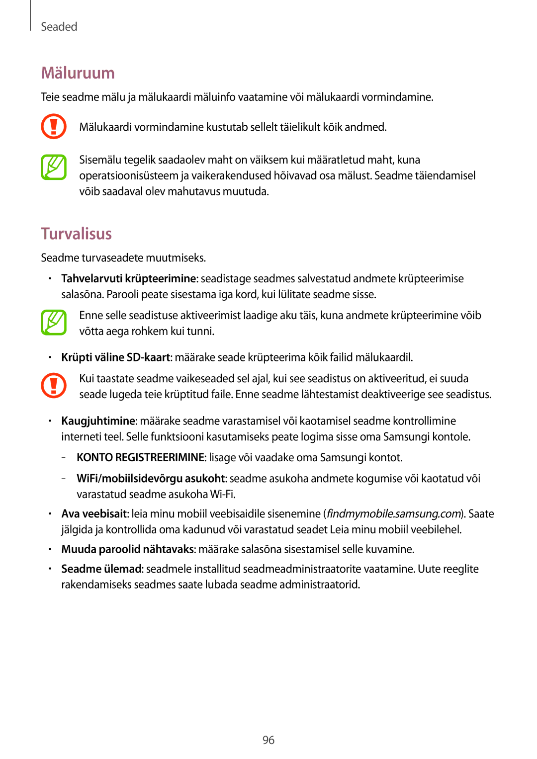 Samsung SM-T530NZWASEB, SM-T530NYKASEB manual Mäluruum, Turvalisus 