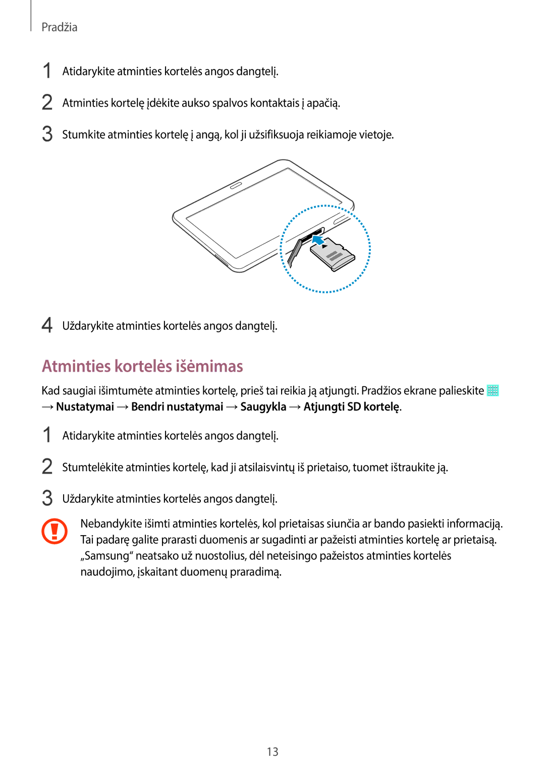 Samsung SM-T530NYKASEB, SM-T530NZWASEB manual Atminties kortelės išėmimas 