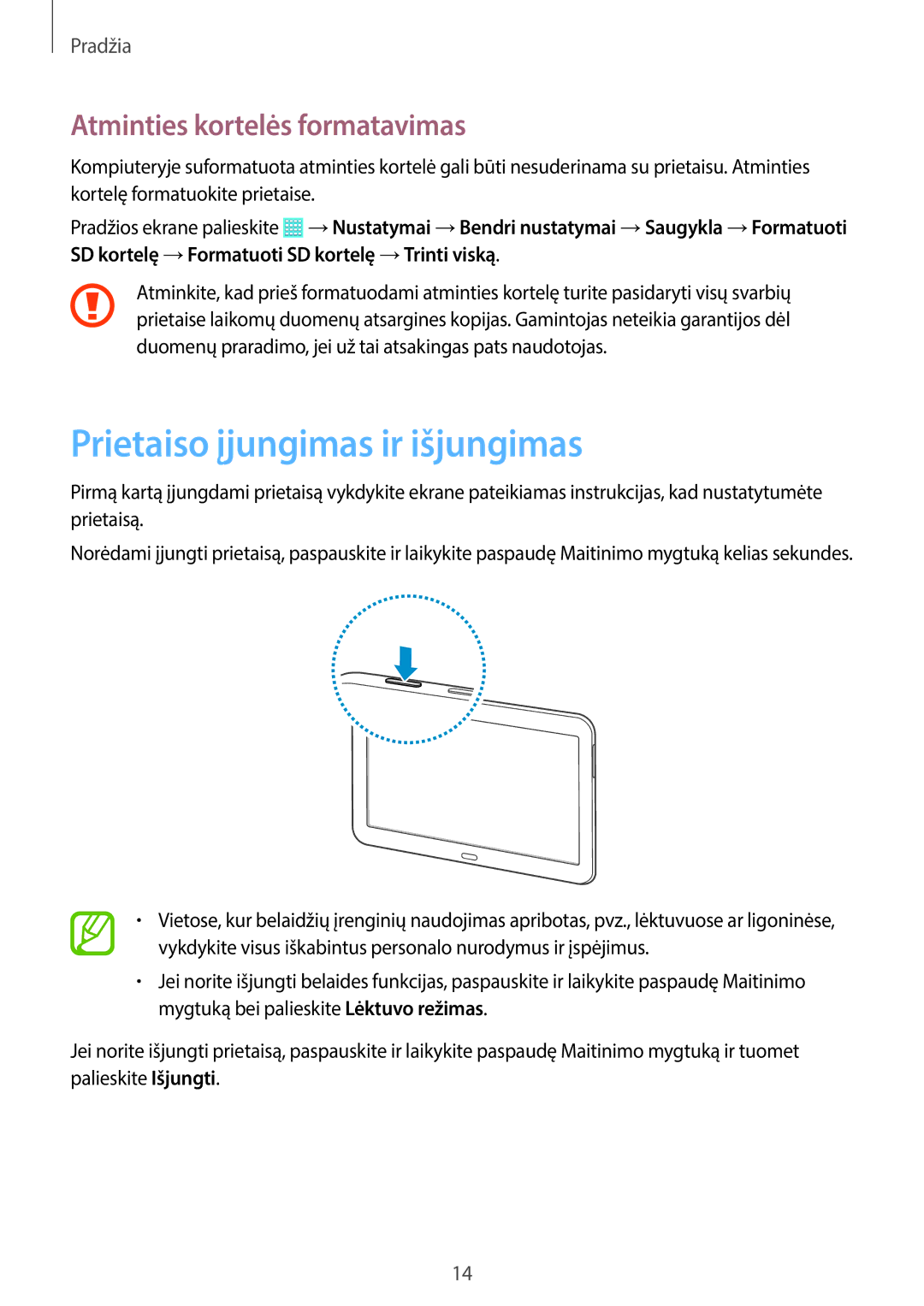 Samsung SM-T530NZWASEB, SM-T530NYKASEB manual Prietaiso įjungimas ir išjungimas, Atminties kortelės formatavimas 