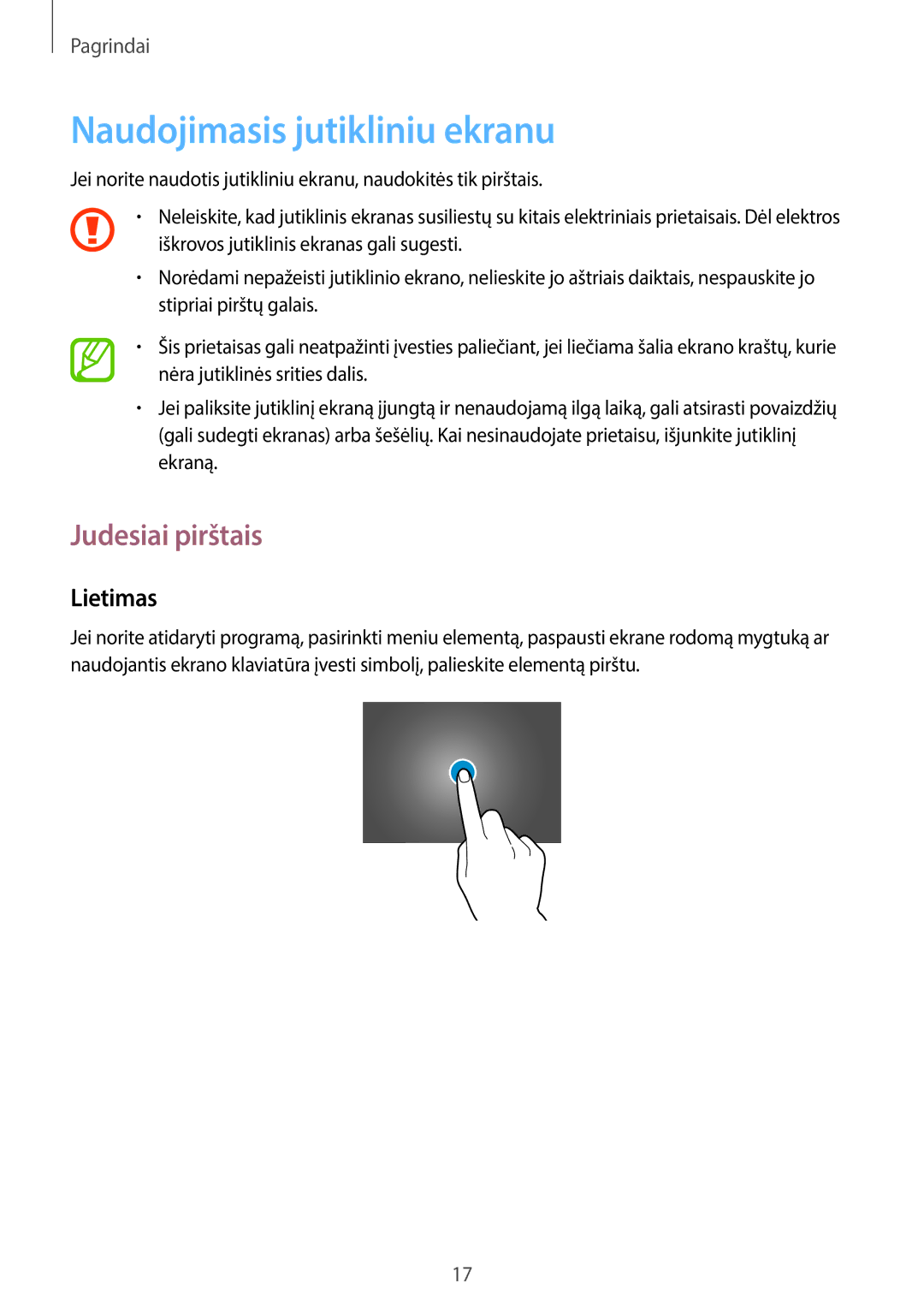 Samsung SM-T530NYKASEB, SM-T530NZWASEB manual Naudojimasis jutikliniu ekranu, Judesiai pirštais, Lietimas 