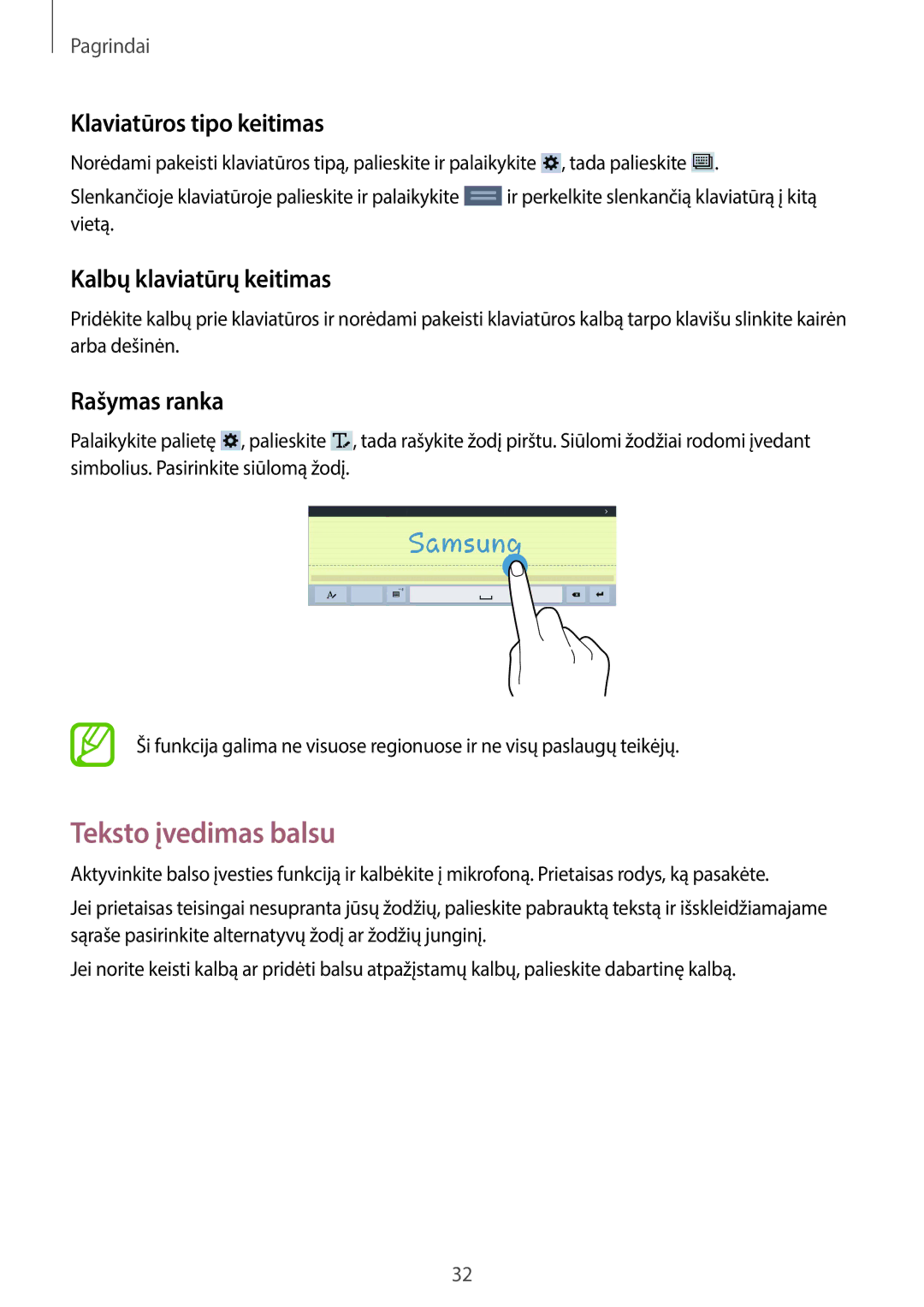 Samsung SM-T530NZWASEB manual Teksto įvedimas balsu, Klaviatūros tipo keitimas, Kalbų klaviatūrų keitimas, Rašymas ranka 