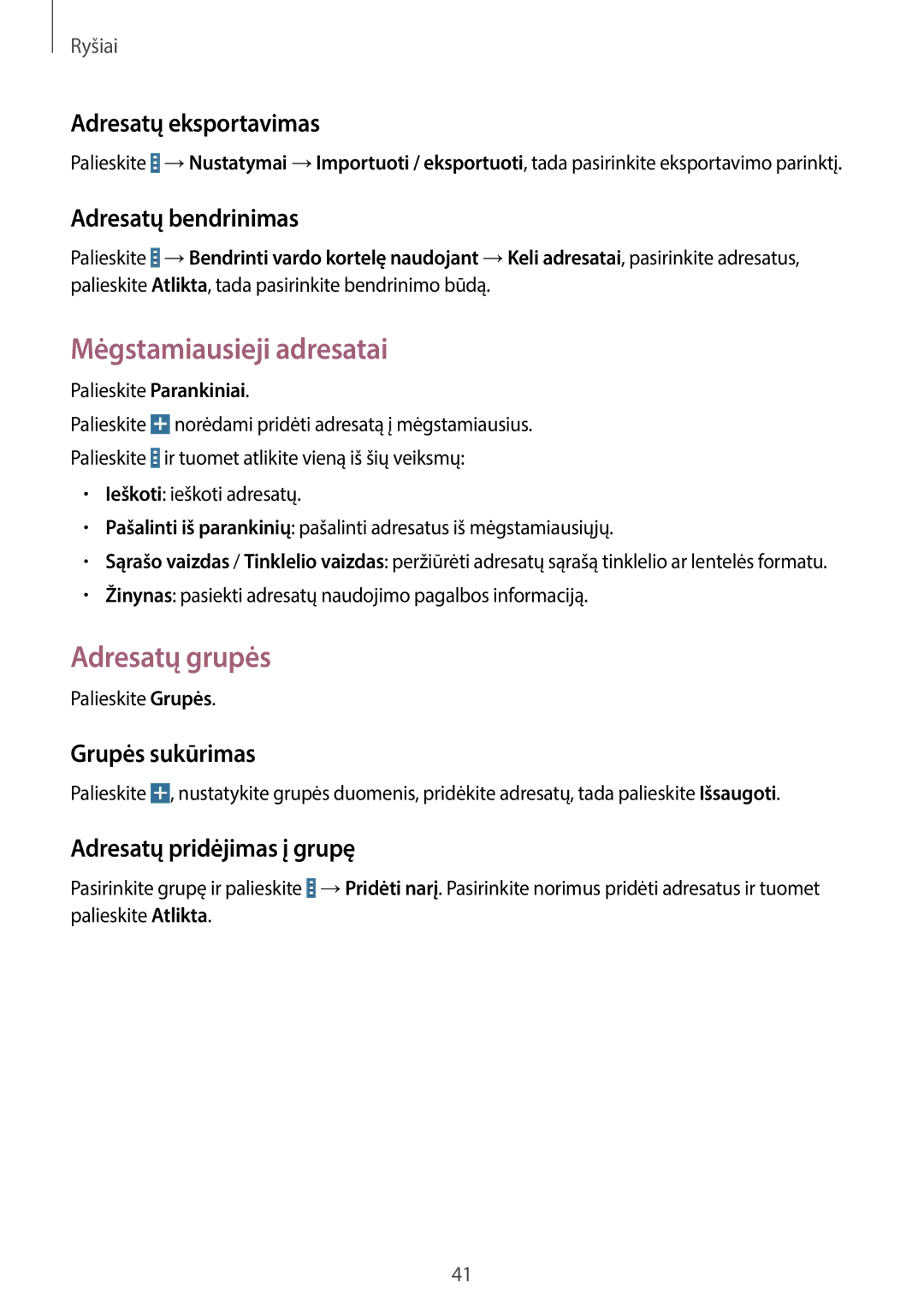 Samsung SM-T530NYKASEB, SM-T530NZWASEB manual Mėgstamiausieji adresatai, Adresatų grupės 